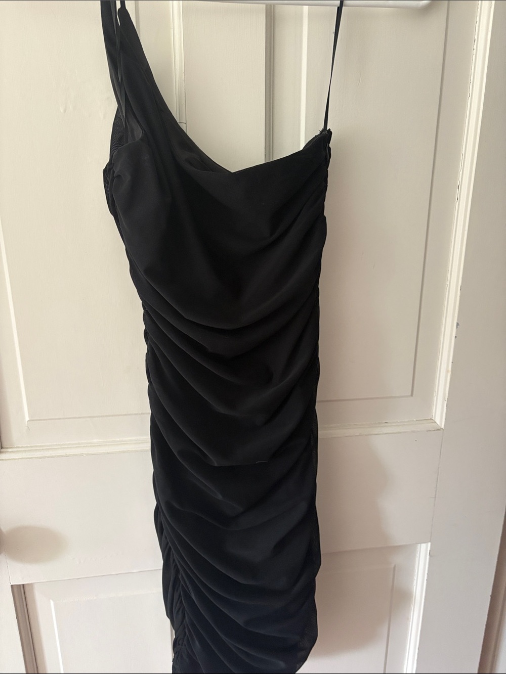 Black Ruched Slip Dress off one shoulder